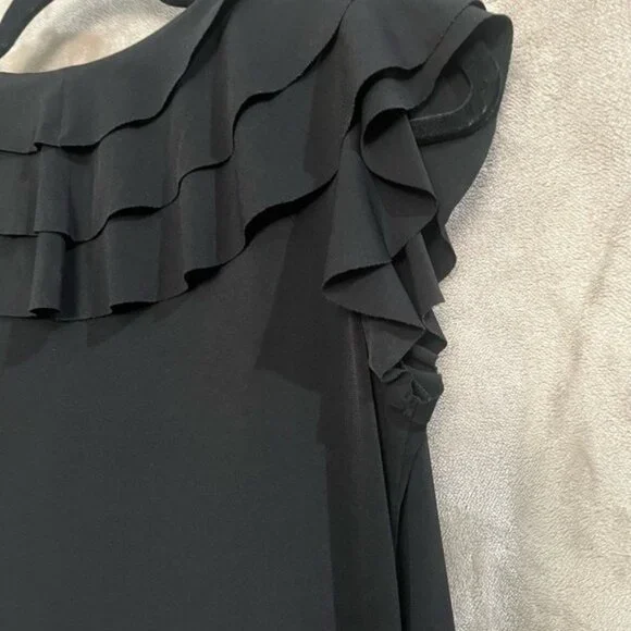 ENFOCUS STUDIO ELEGANT BLACK DRESS V NECKLINE RUFFLE TOP SLEEVELESS CAP SLEEVE - Picture 7 of 9
